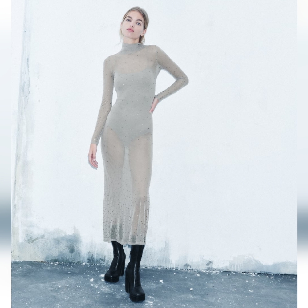 ZARA SEMI SHEER KNIT JEWEL DRESS